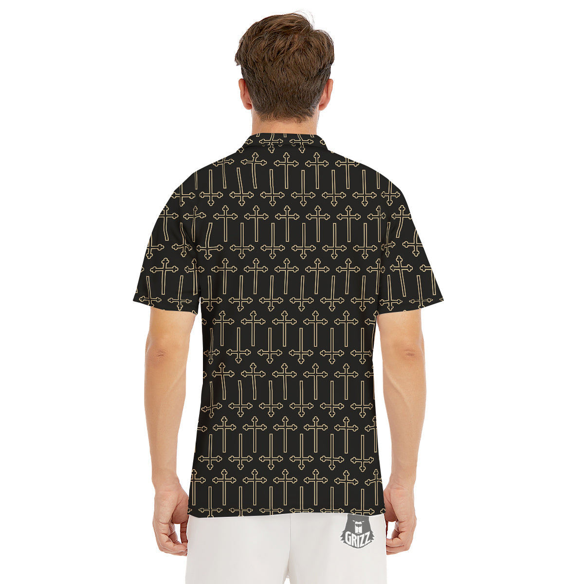 Orthodox Beige And Black Print Pattern Men's Golf Shirts-grizzshop