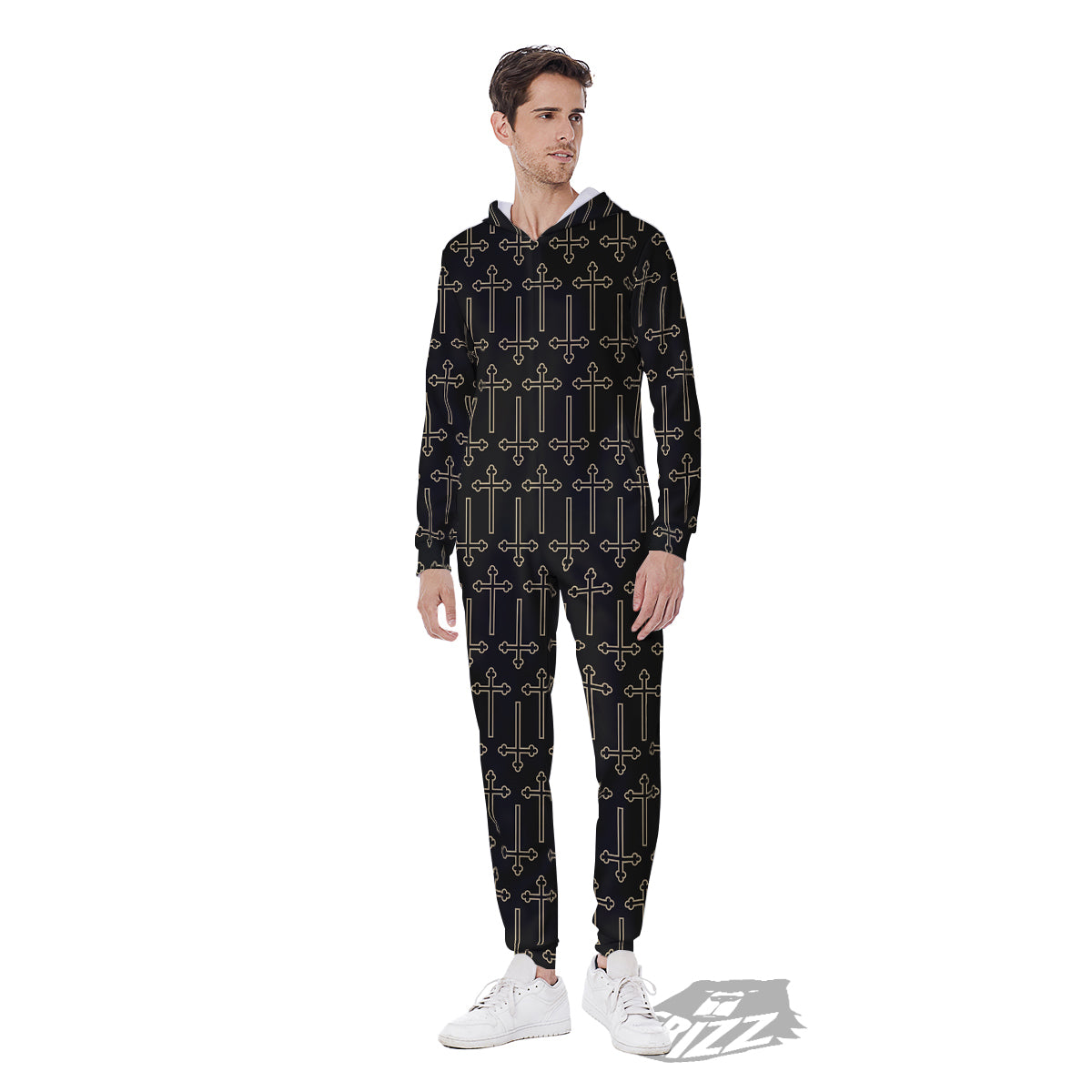 Orthodox Beige And Black Print Pattern Men's Jumpsuit-grizzshop