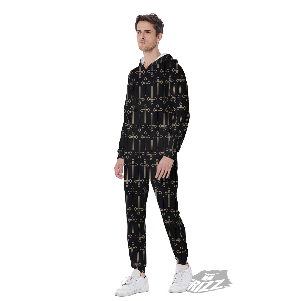 Orthodox Beige And Black Print Pattern Men's Jumpsuit-grizzshop