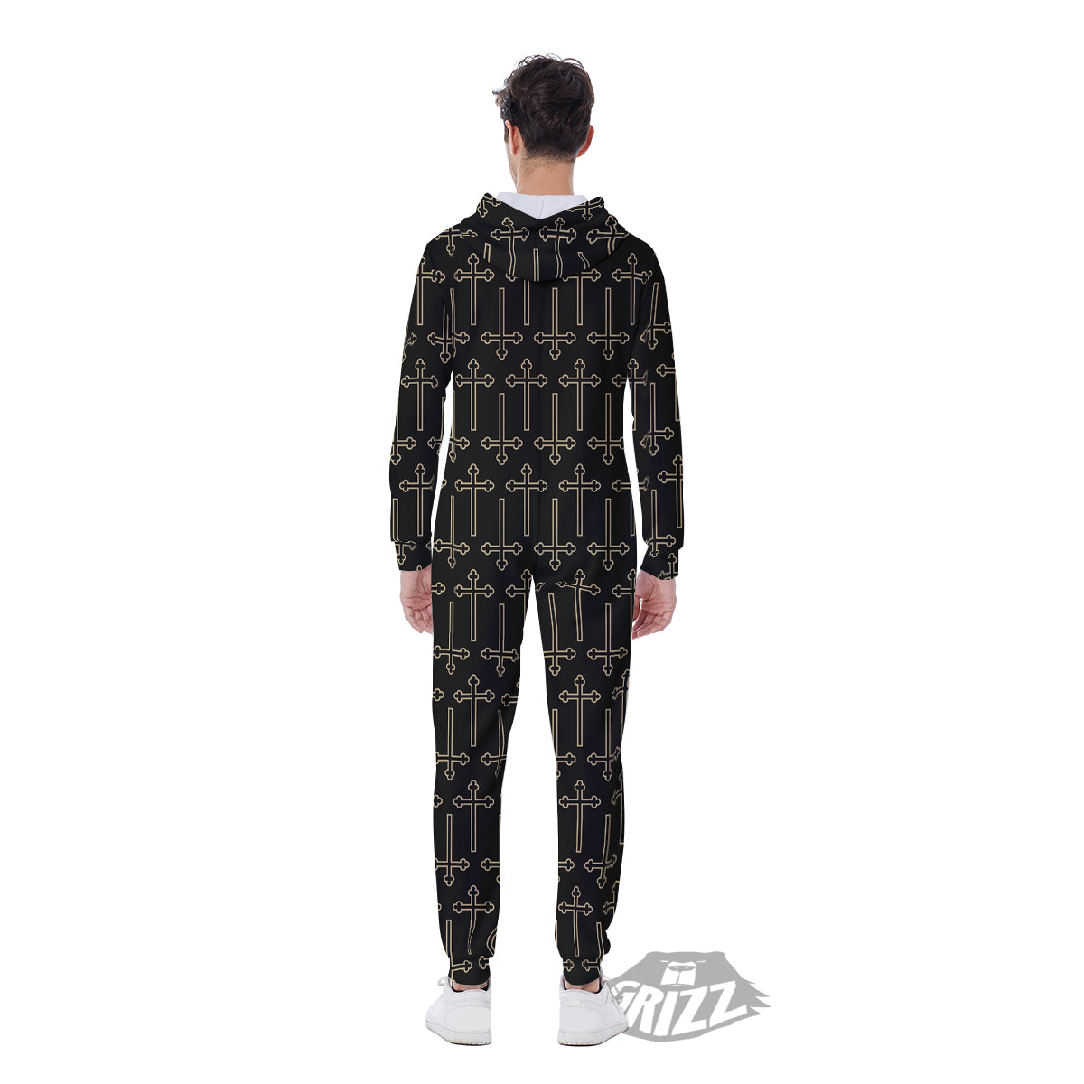 Orthodox Beige And Black Print Pattern Men's Jumpsuit-grizzshop