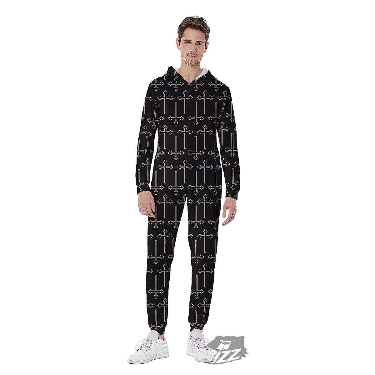Orthodox Beige And Black Print Pattern Men's Jumpsuit-grizzshop