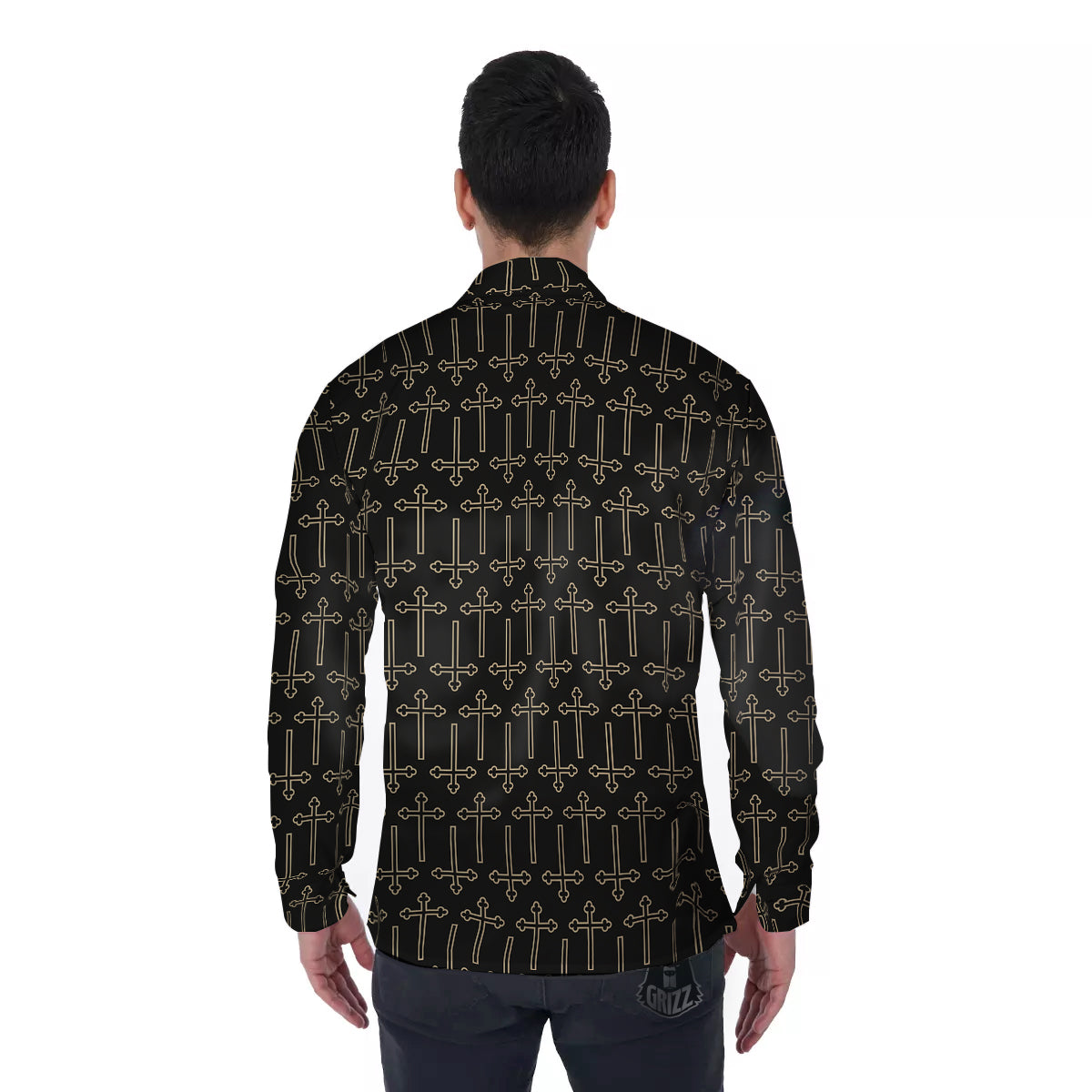 Orthodox Beige And Black Print Pattern Men's Long Sleeve Shirts-grizzshop