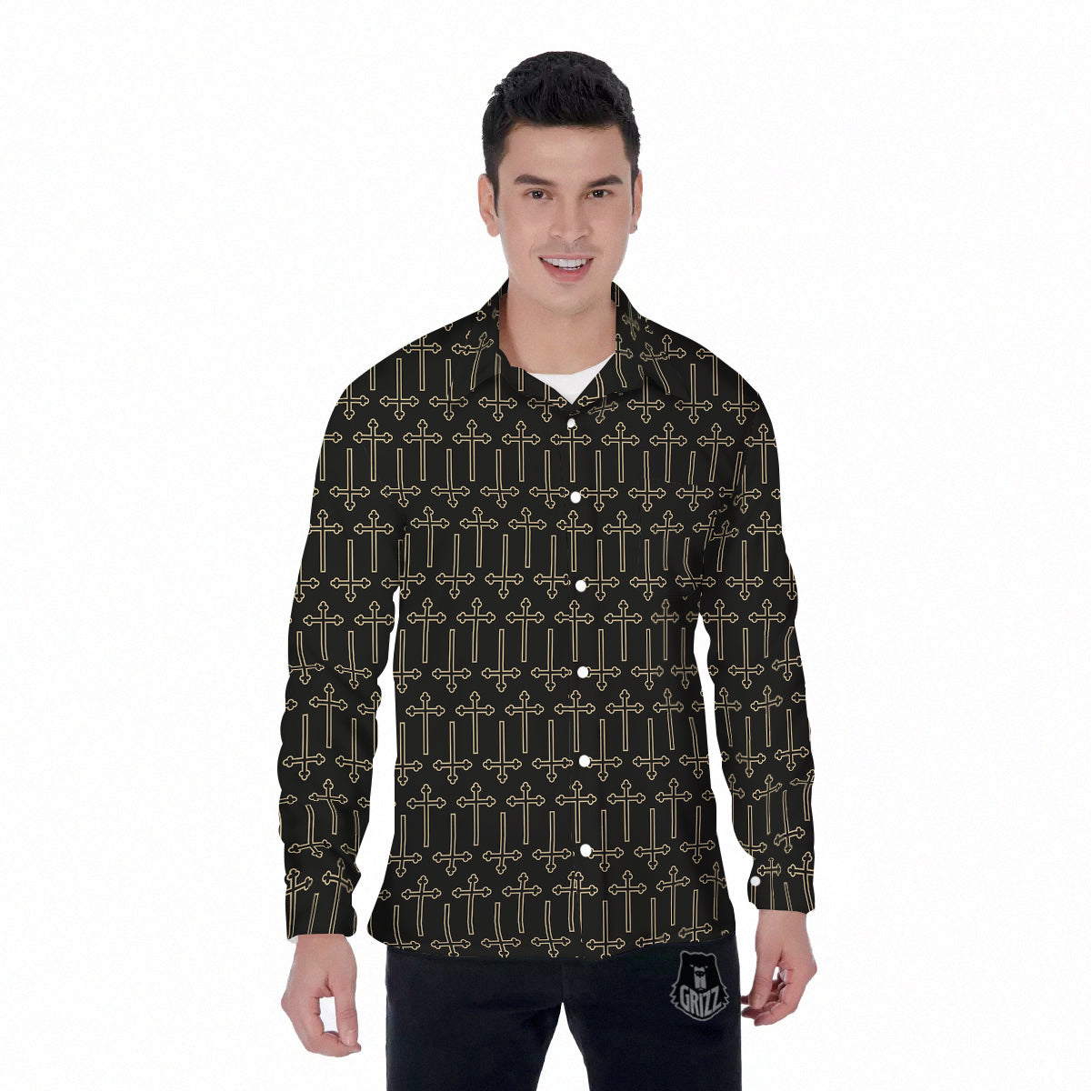 Orthodox Beige And Black Print Pattern Men's Long Sleeve Shirts-grizzshop