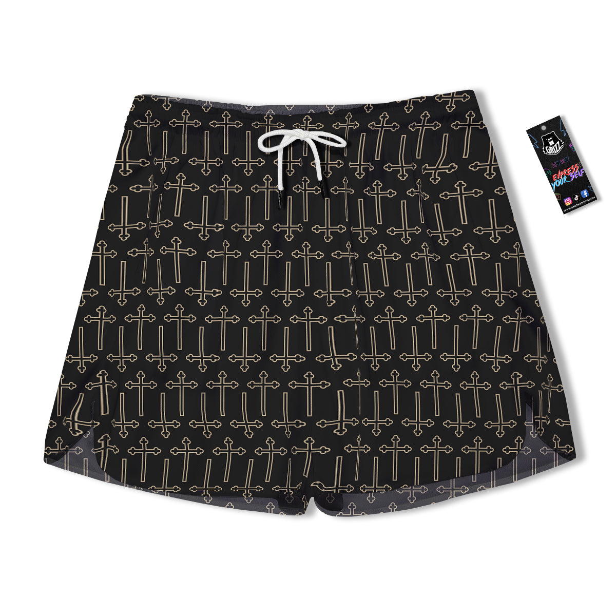 Orthodox Beige And Black Print Pattern Men's Running Shorts-grizzshop