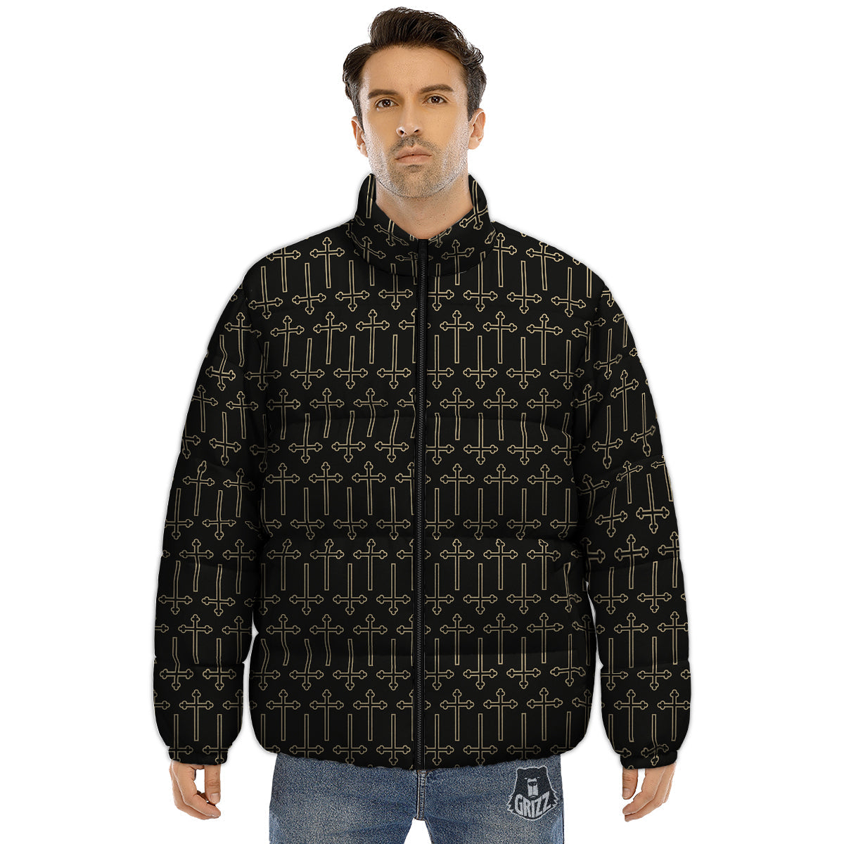 Orthodox Beige And Black Print Pattern Puffer Jacket-grizzshop