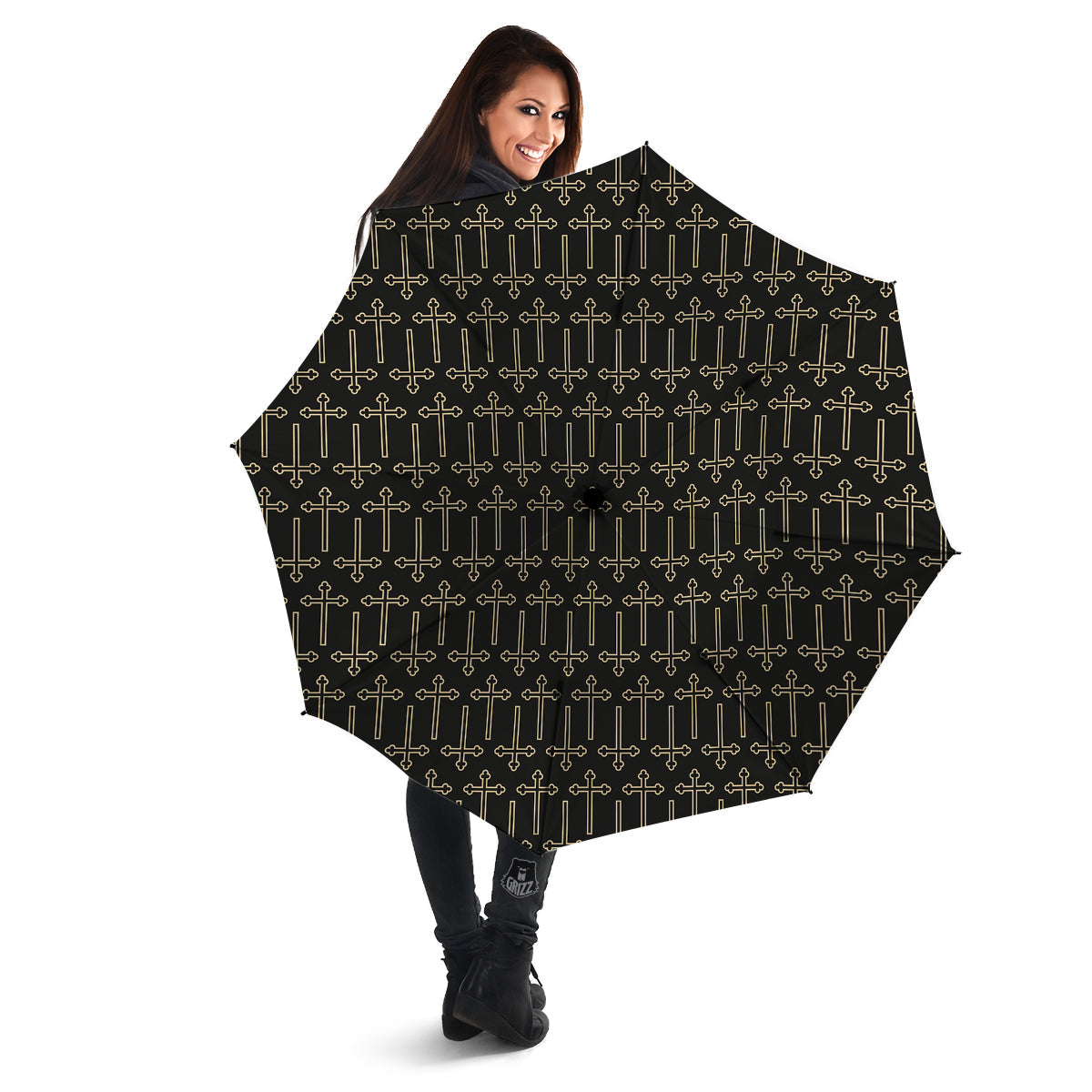 Orthodox Beige And Black Print Pattern Umbrella-grizzshop