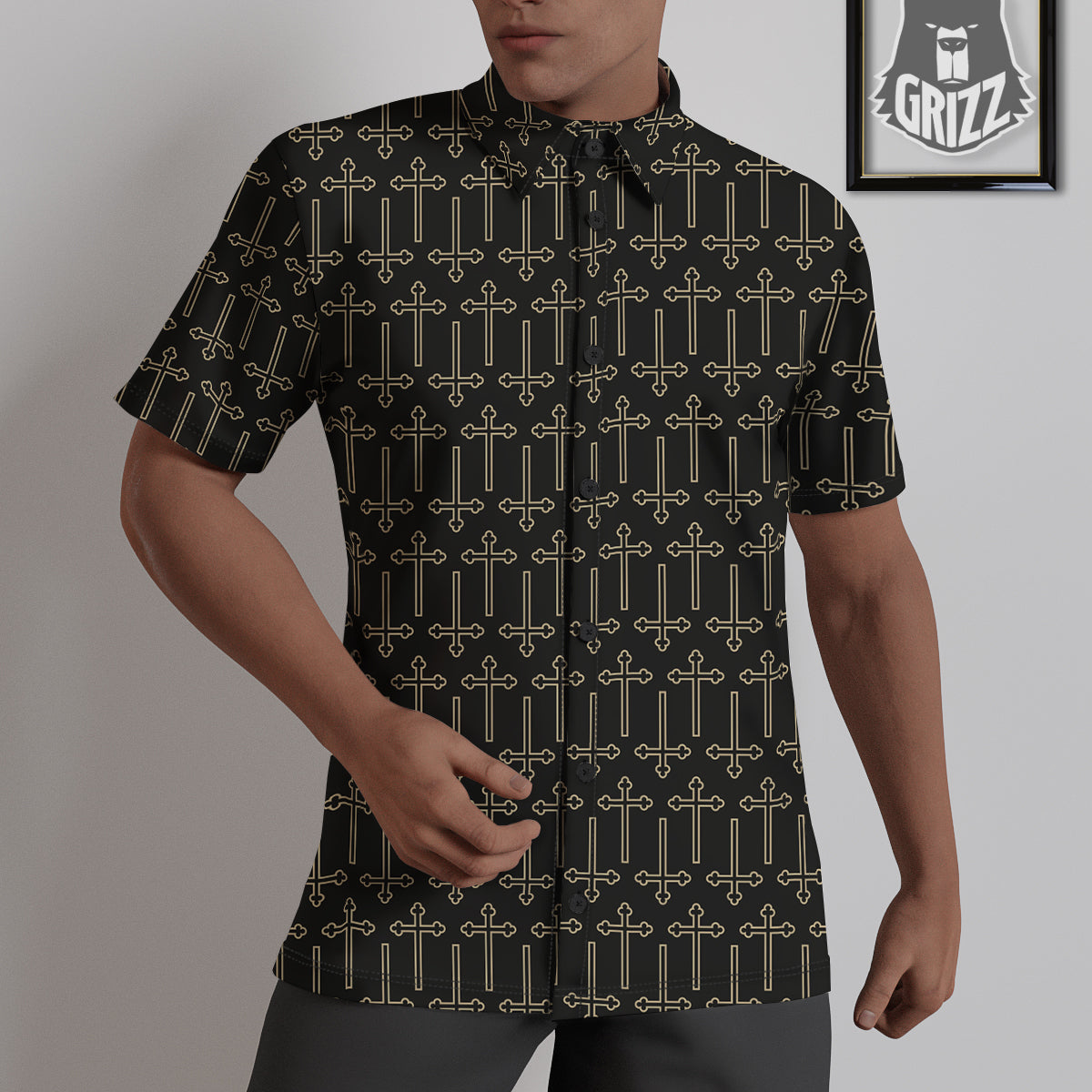 Orthodox Beige And Black Print Pattern Untucked Shirts-grizzshop