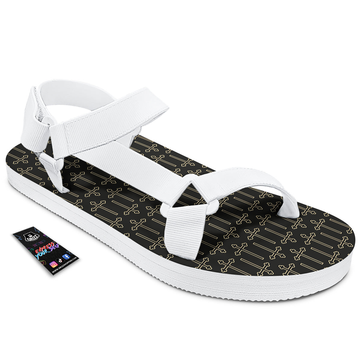 Orthodox Beige And Black Print Pattern White Open Toe Sandals-grizzshop