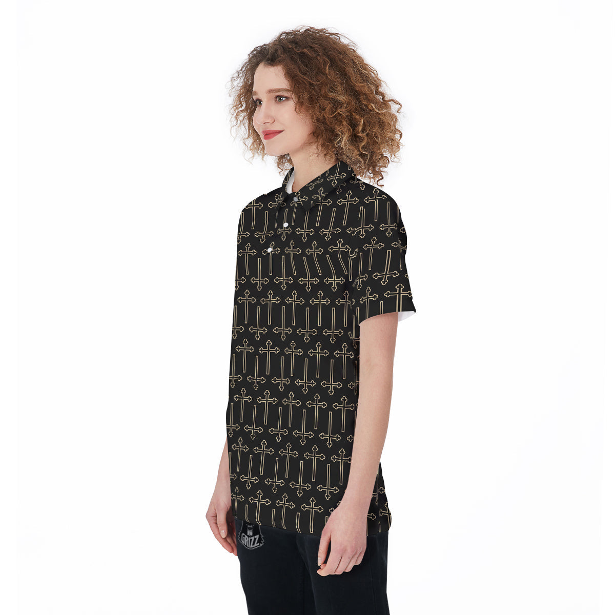 Orthodox Beige And Black Print Pattern Women's Golf Shirts-grizzshop