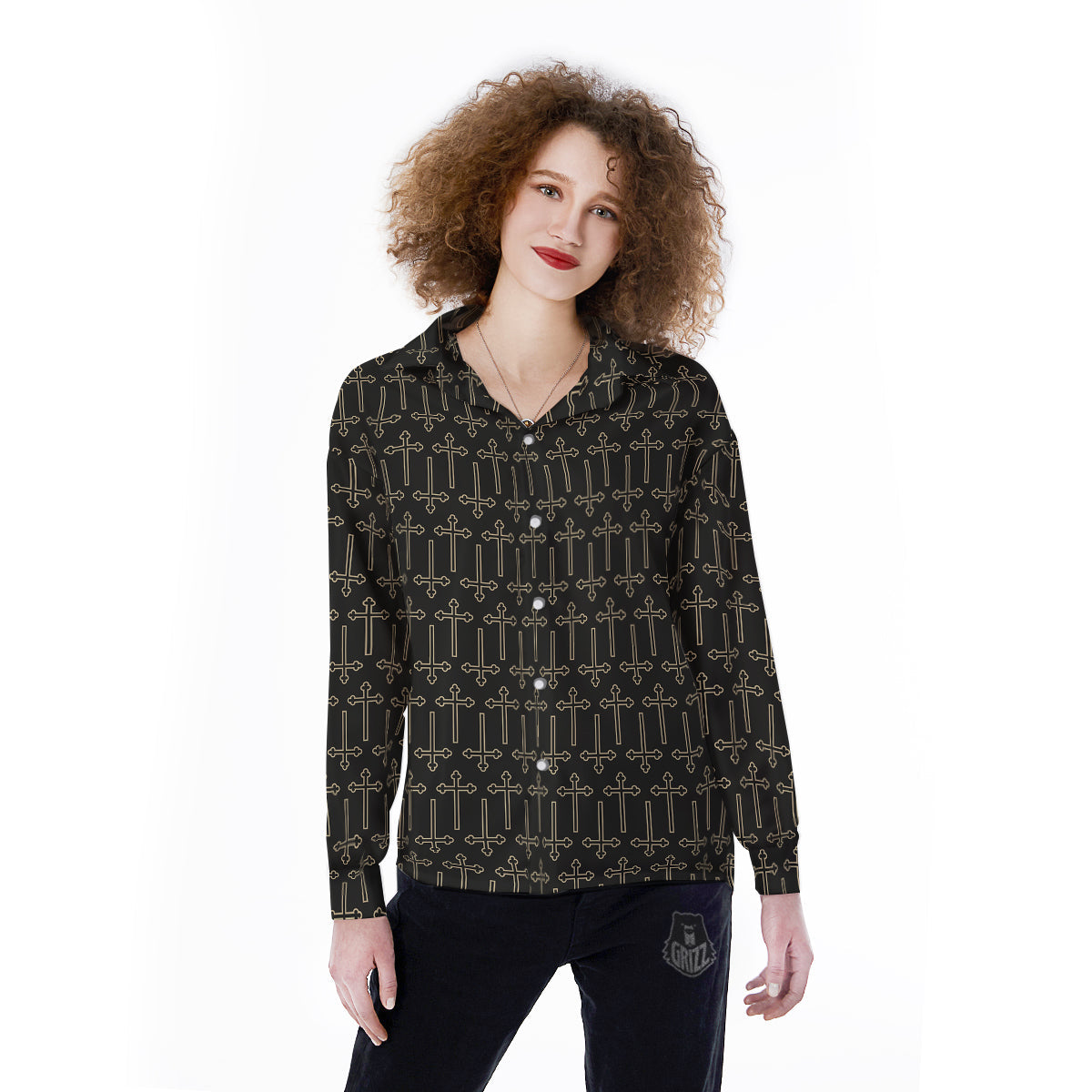 Orthodox Beige And Black Print Pattern Women's Long Sleeve Shirts-grizzshop