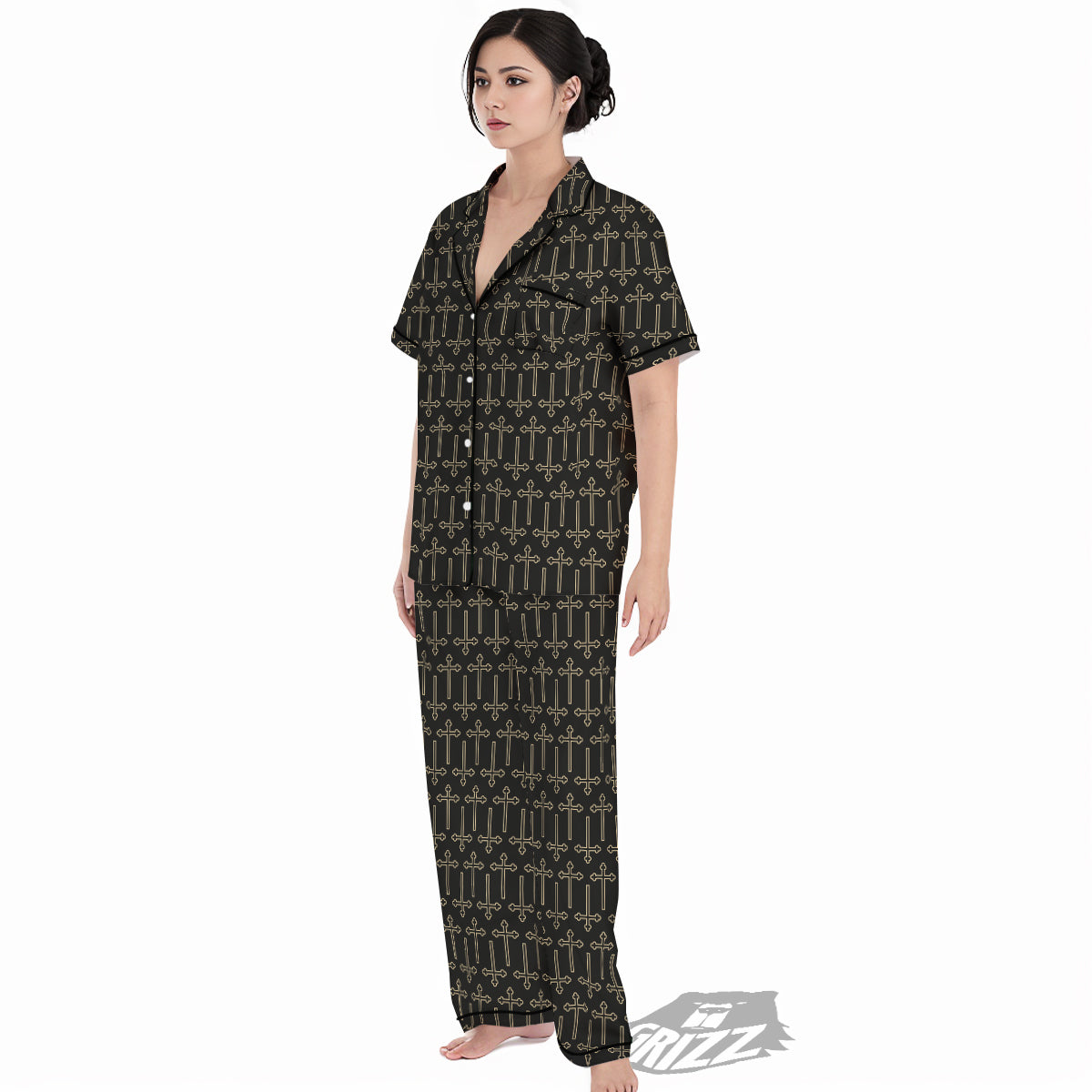 Orthodox Beige And Black Print Pattern Women's Pajamas Set-grizzshop