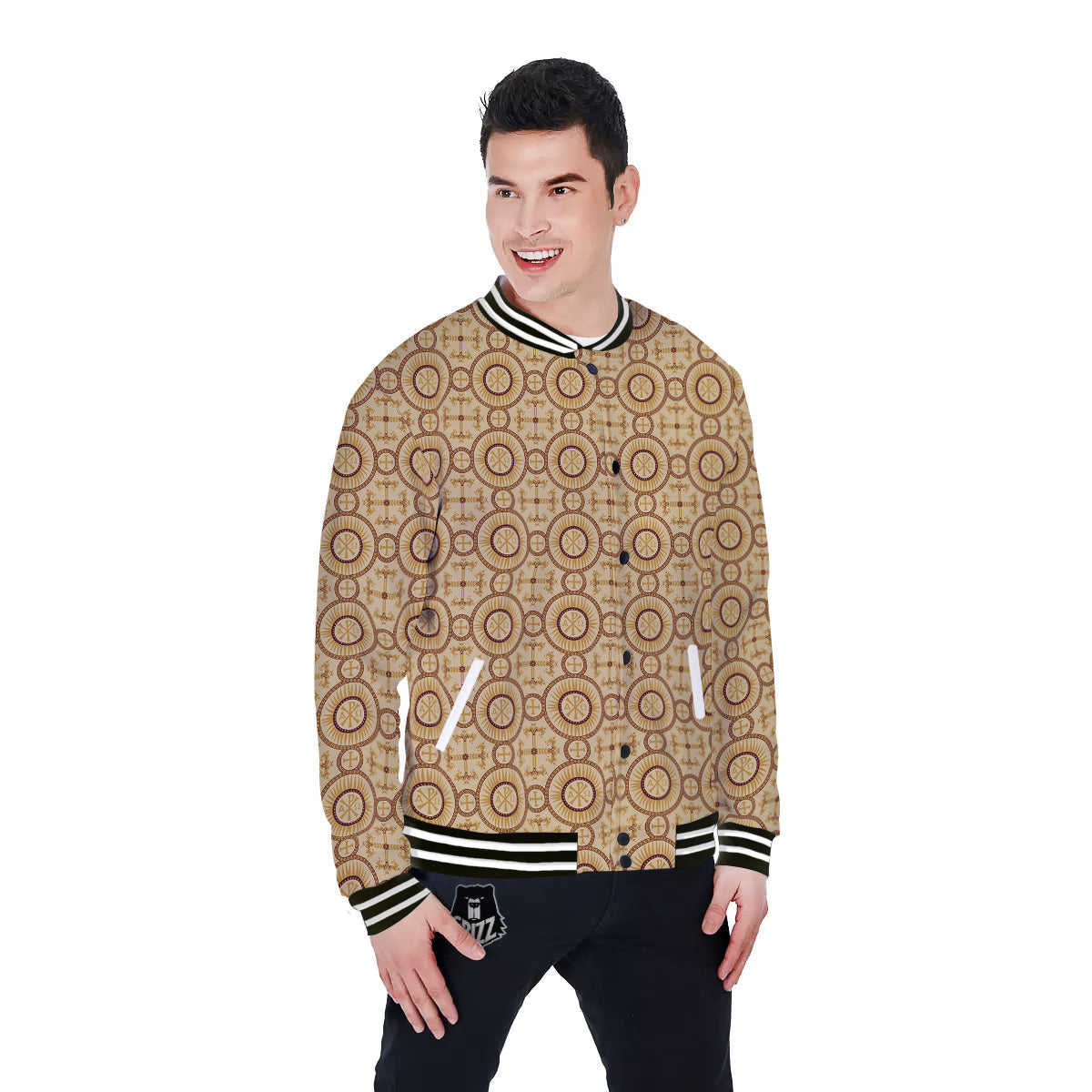 Orthodox Black And Beige Print Pattern Baseball Jacket-grizzshop