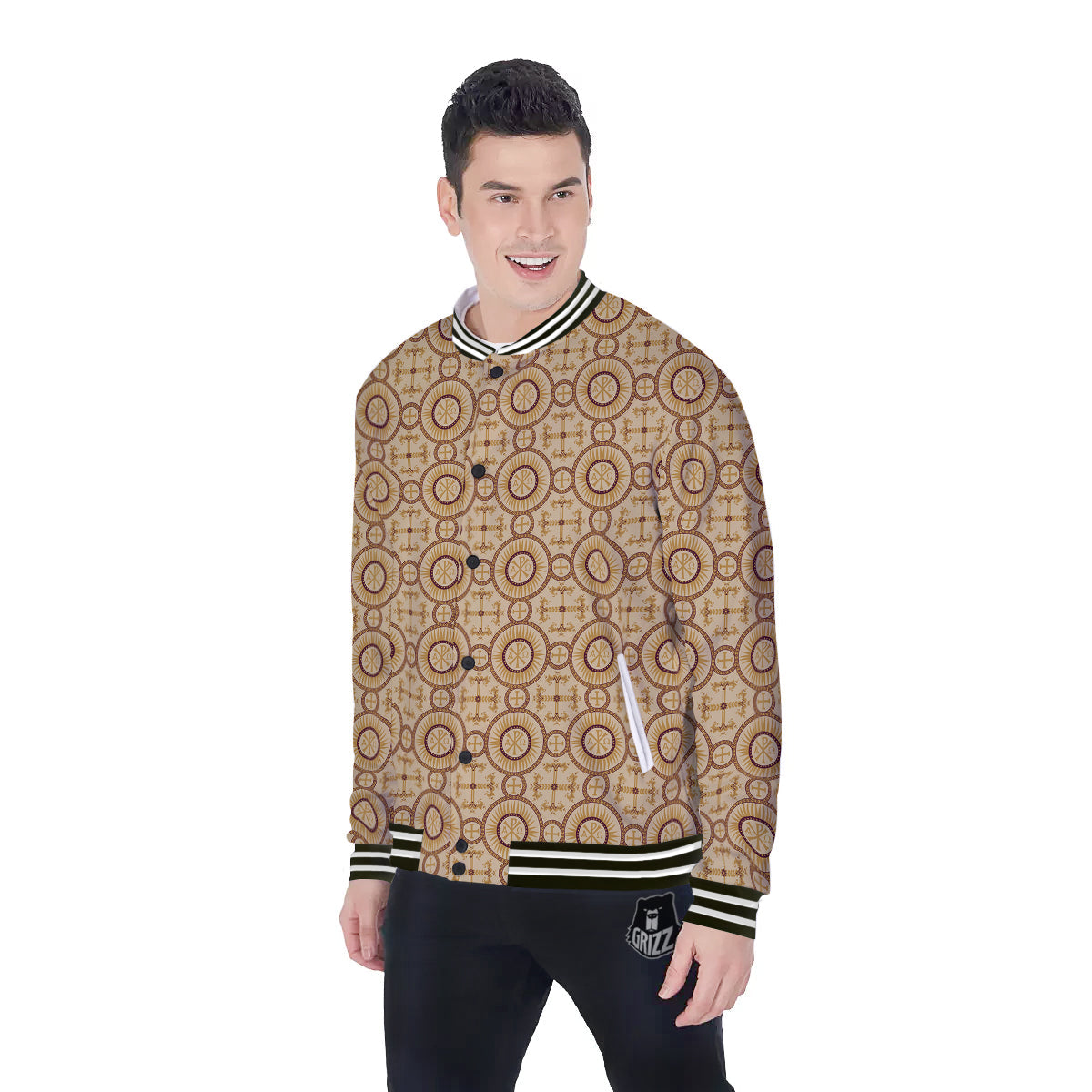 Orthodox Black And Beige Print Pattern Baseball Jacket-grizzshop