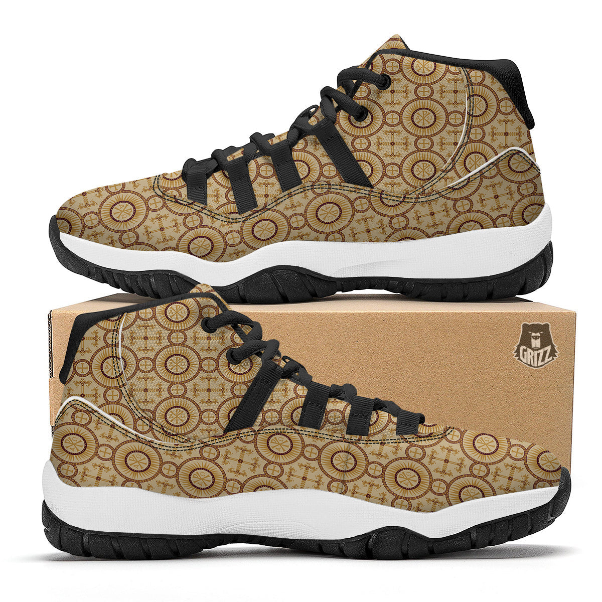 Orthodox Black And Beige Print Pattern Black Bball Shoes-grizzshop