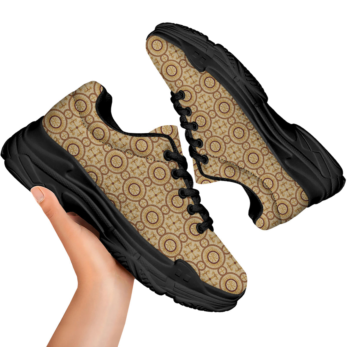 Orthodox Black And Beige Print Pattern Black Chunky Shoes-grizzshop