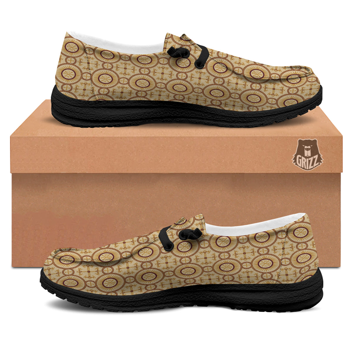 Orthodox Black And Beige Print Pattern Black Loafers-grizzshop