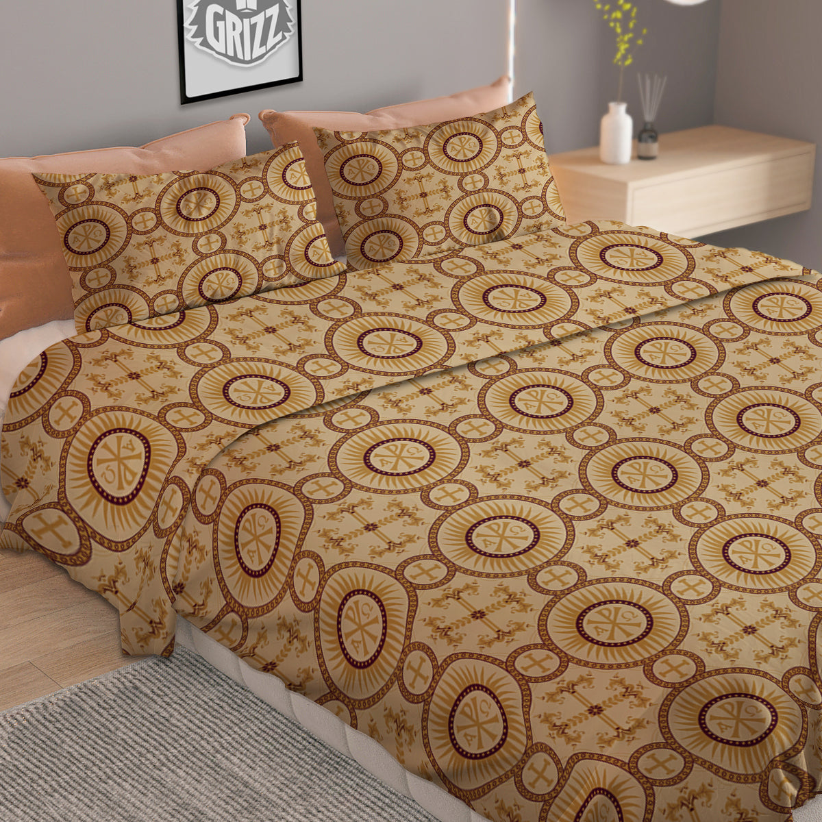 Orthodox Black And Beige Print Pattern Duvet Cover Bedding Set