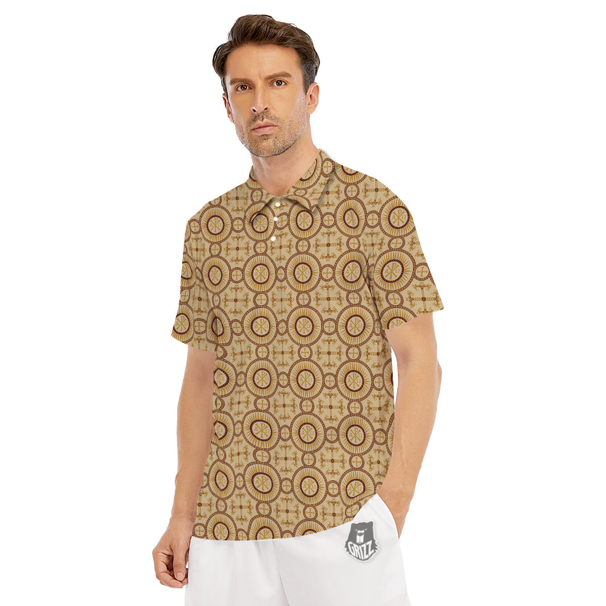 Orthodox Black And Beige Print Pattern Men's Golf Shirts-grizzshop