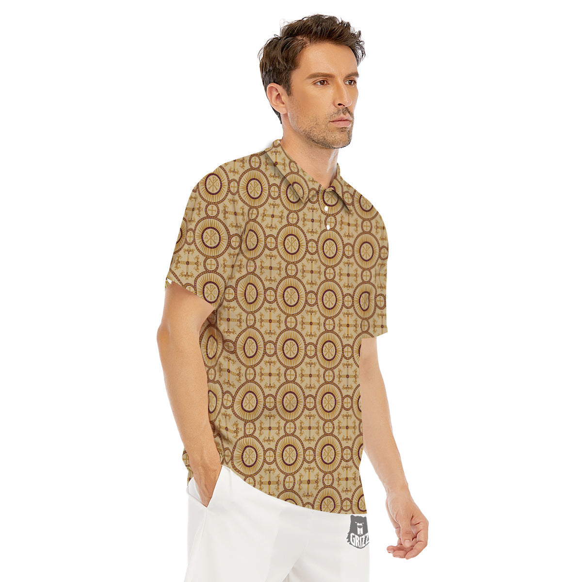 Orthodox Black And Beige Print Pattern Men's Golf Shirts-grizzshop