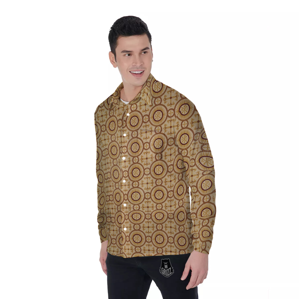 Orthodox Black And Beige Print Pattern Men's Long Sleeve Shirts-grizzshop