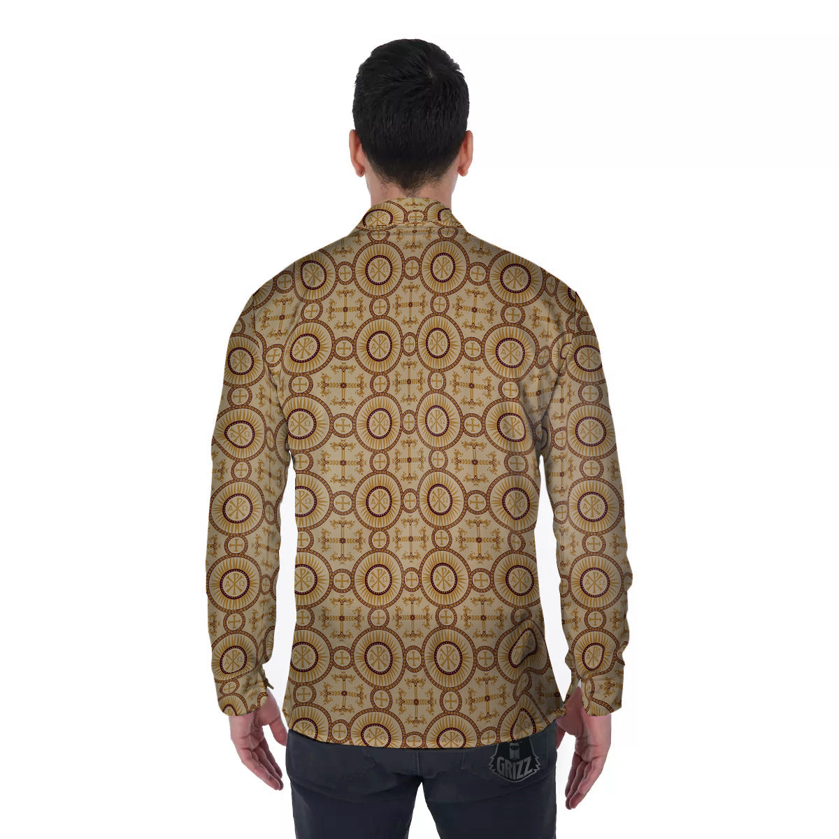 Orthodox Black And Beige Print Pattern Men's Long Sleeve Shirts-grizzshop