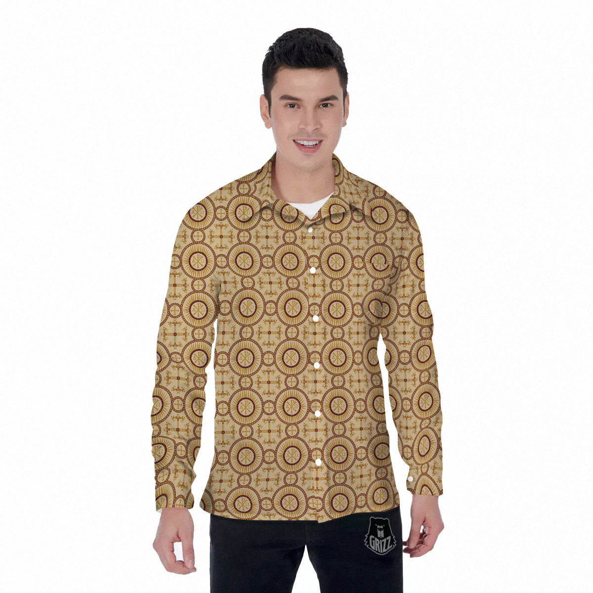 Orthodox Black And Beige Print Pattern Men's Long Sleeve Shirts-grizzshop