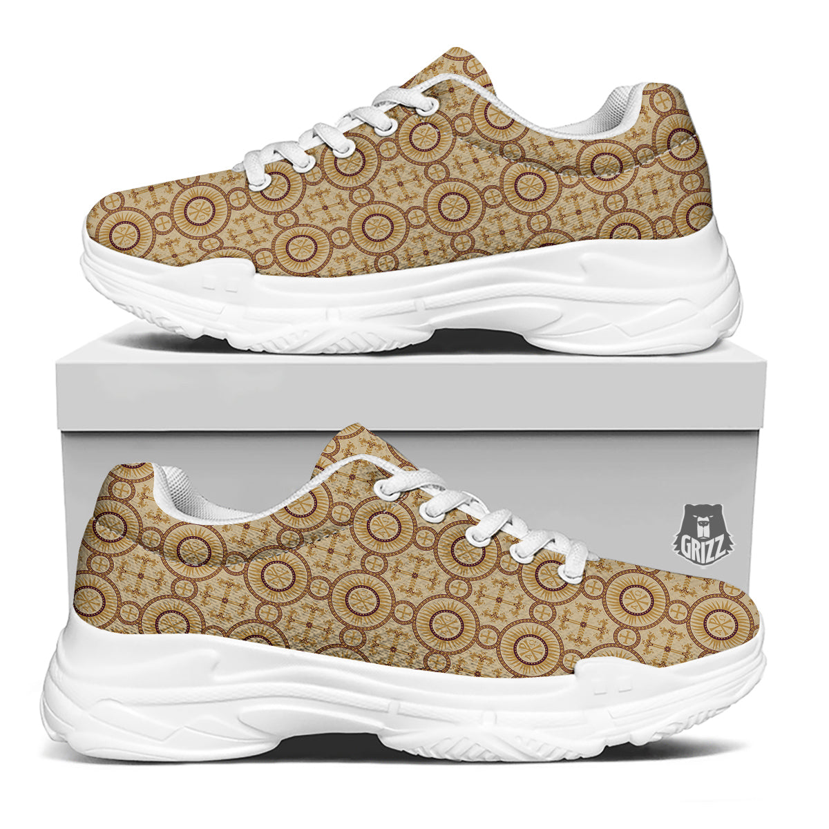 Orthodox Black And Beige Print Pattern White Chunky Shoes-grizzshop