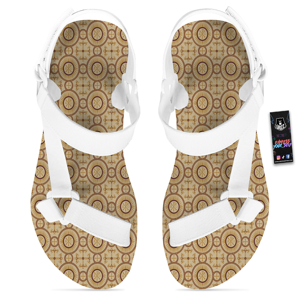 Orthodox Black And Beige Print Pattern White Open Toe Sandals-grizzshop