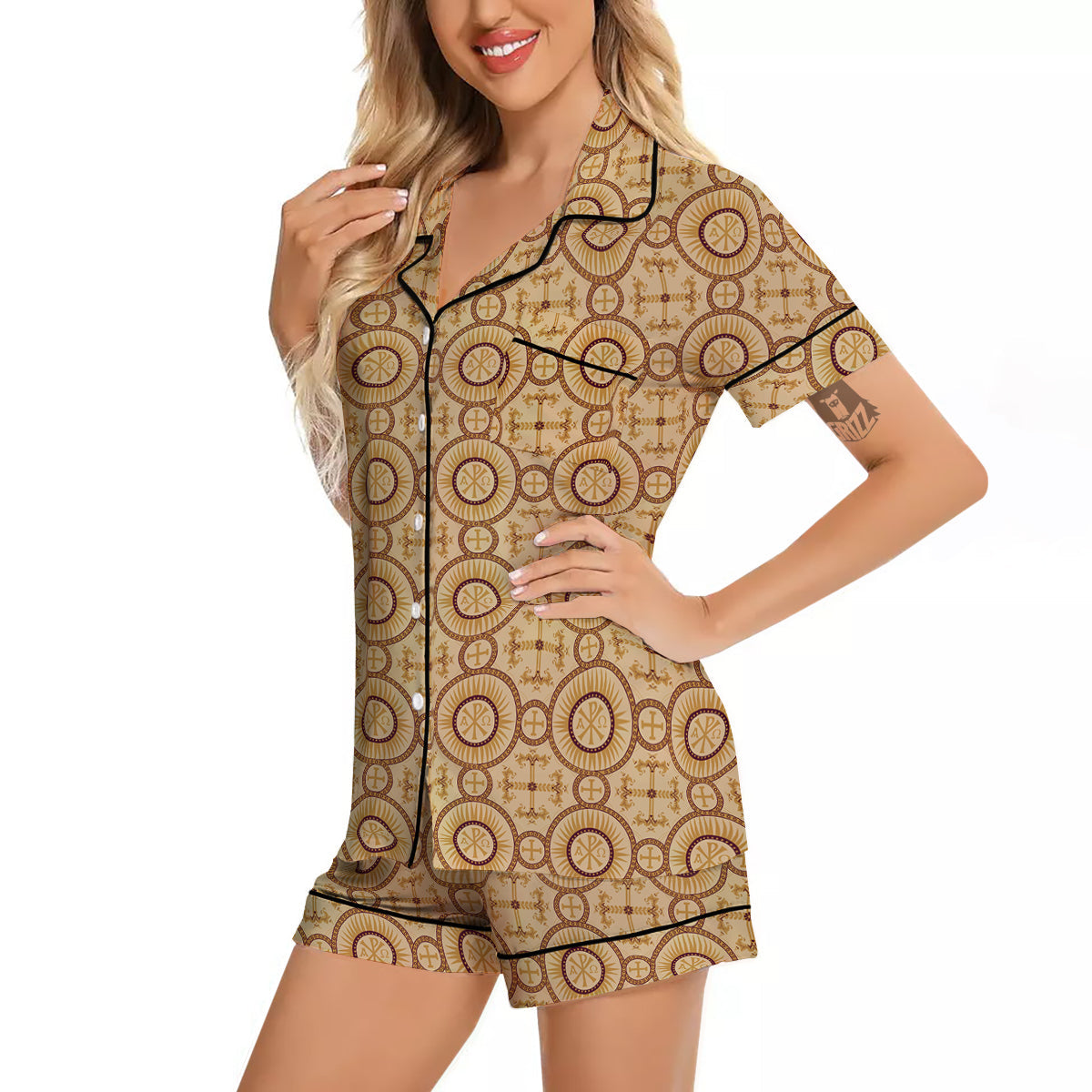 Orthodox Black And Beige Print Pattern Women Silk Pajamas-grizzshop