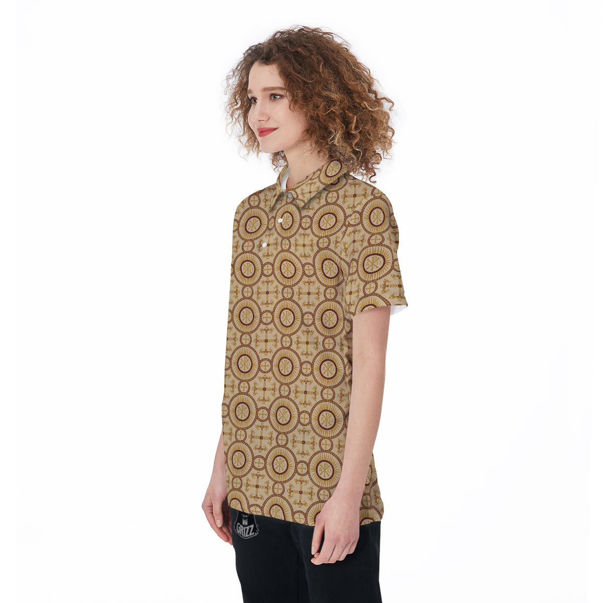 Orthodox Black And Beige Print Pattern Women's Golf Shirts-grizzshop