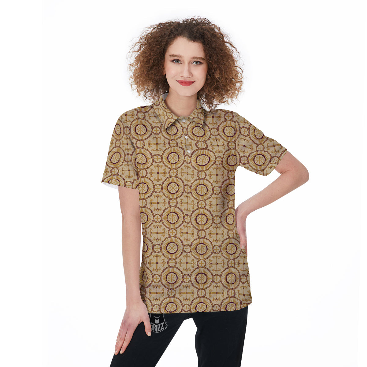 Orthodox Black And Beige Print Pattern Women's Golf Shirts-grizzshop