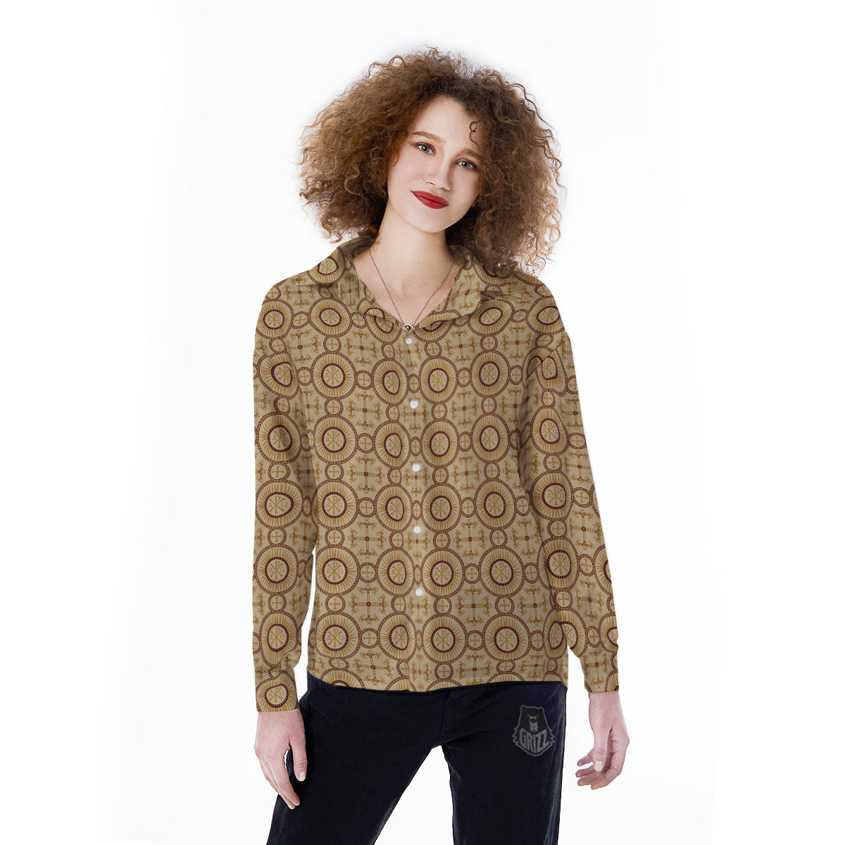 Orthodox Black And Beige Print Pattern Women's Long Sleeve Shirts-grizzshop