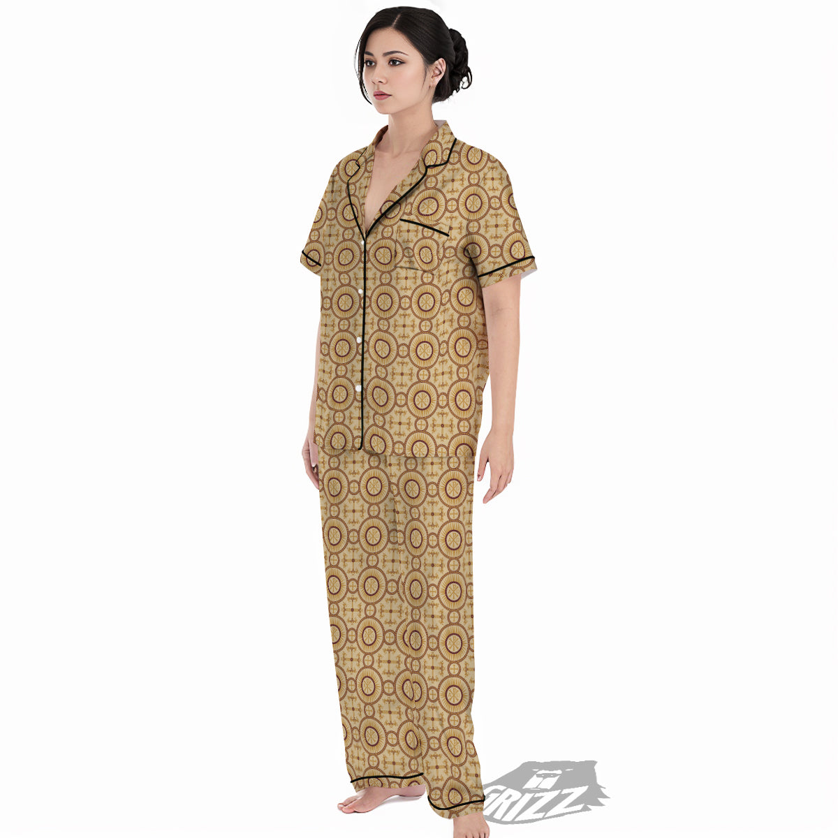 Orthodox Black And Beige Print Pattern Women's Pajamas Set-grizzshop