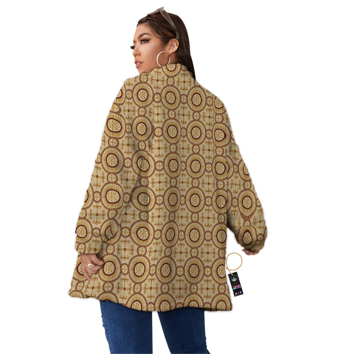Orthodox Black And Beige Print Pattern Women's Sherpa Jacket-grizzshop