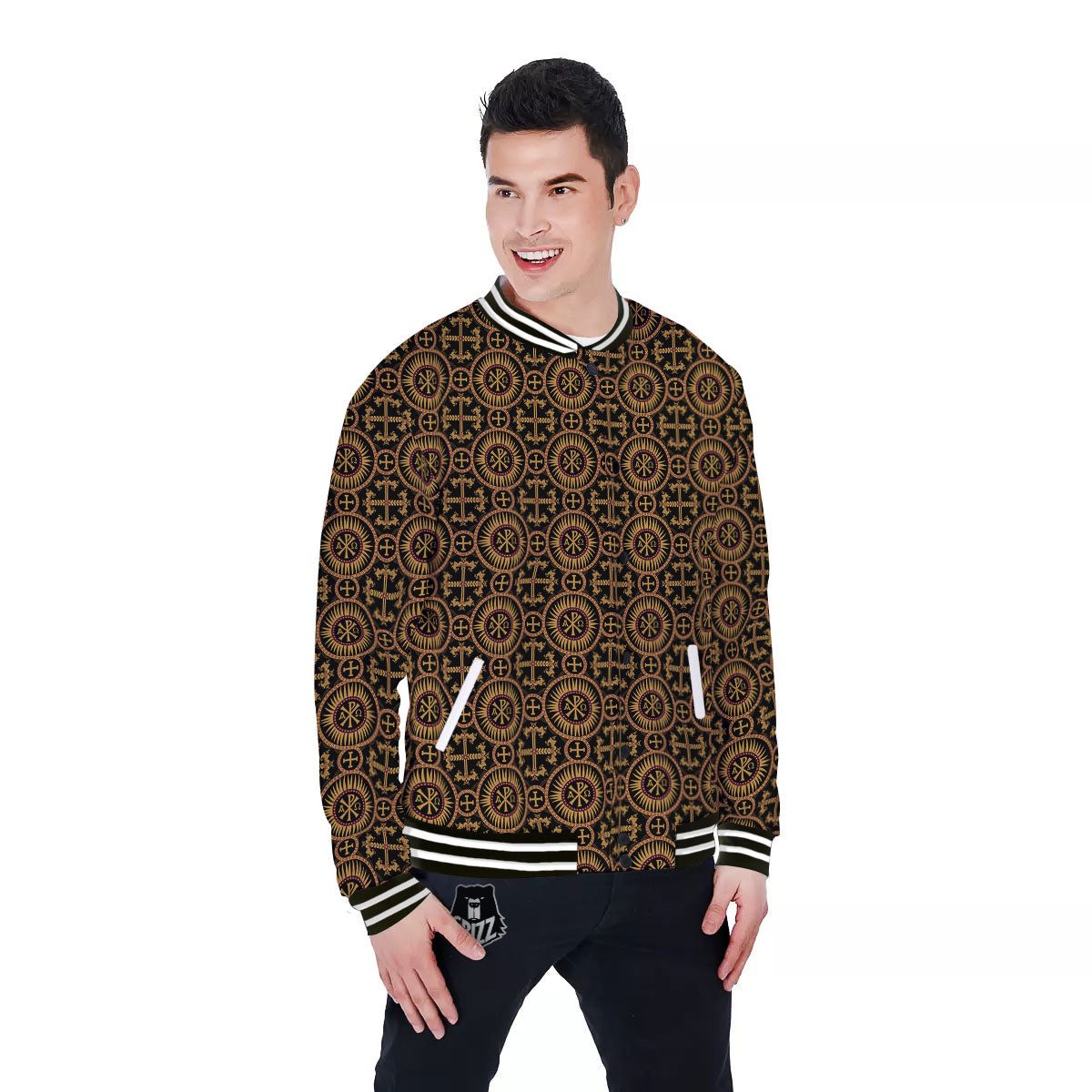 Orthodox Black And Gold Print Pattern Baseball Jacket-grizzshop
