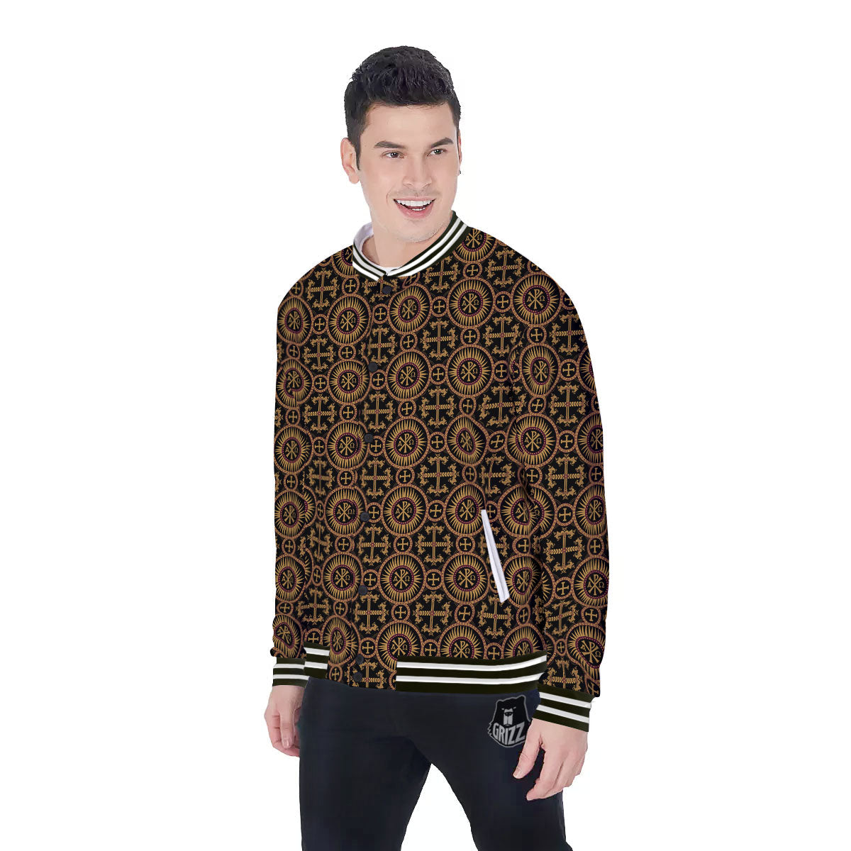 Orthodox Black And Gold Print Pattern Baseball Jacket-grizzshop