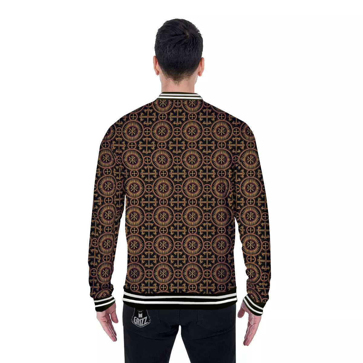 Orthodox Black And Gold Print Pattern Baseball Jacket-grizzshop