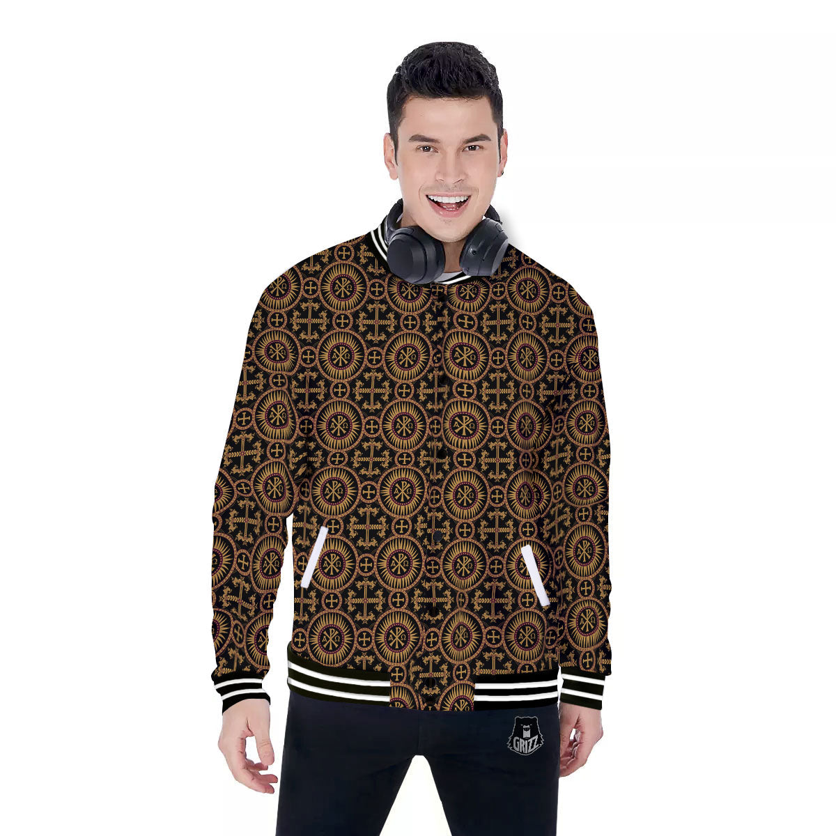 Orthodox Black And Gold Print Pattern Baseball Jacket-grizzshop