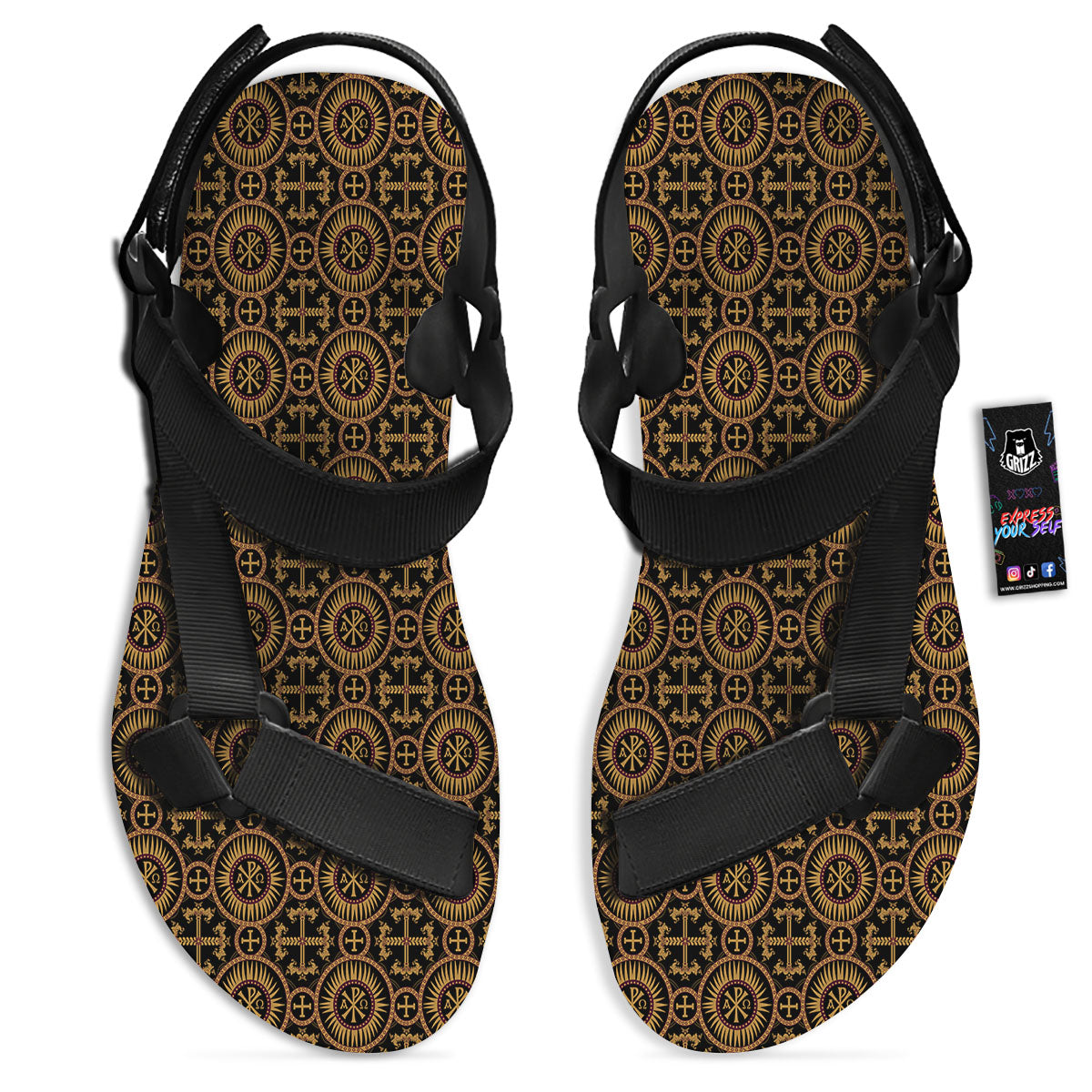 Orthodox Black And Gold Print Pattern Black Open Toe Sandals-grizzshop