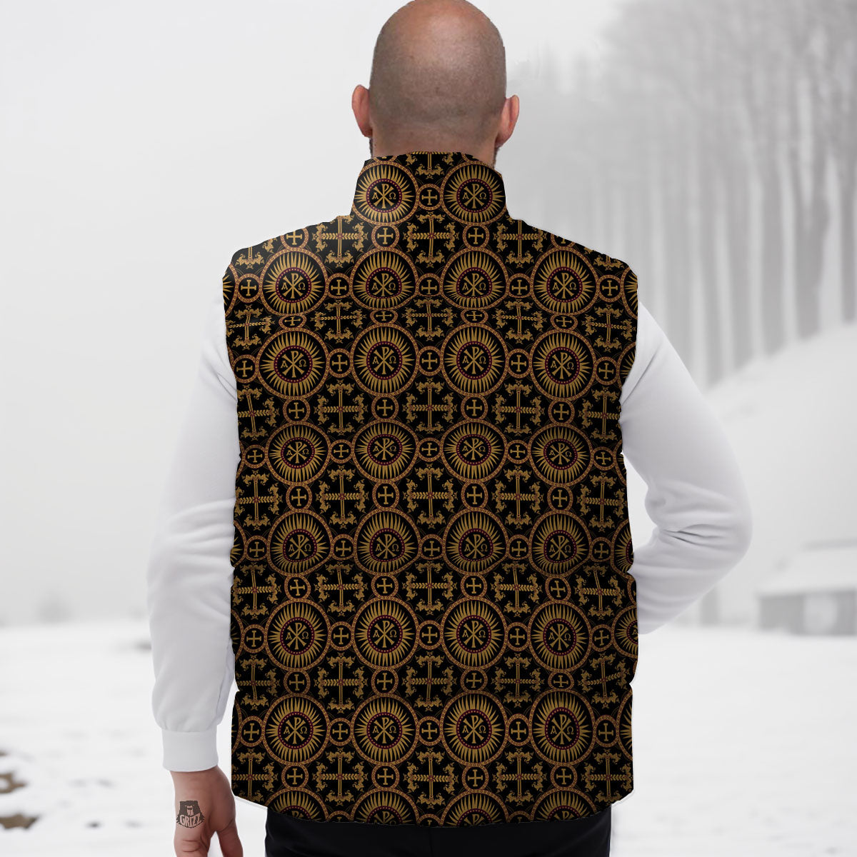 Orthodox Black And Gold Print Pattern Down Vest