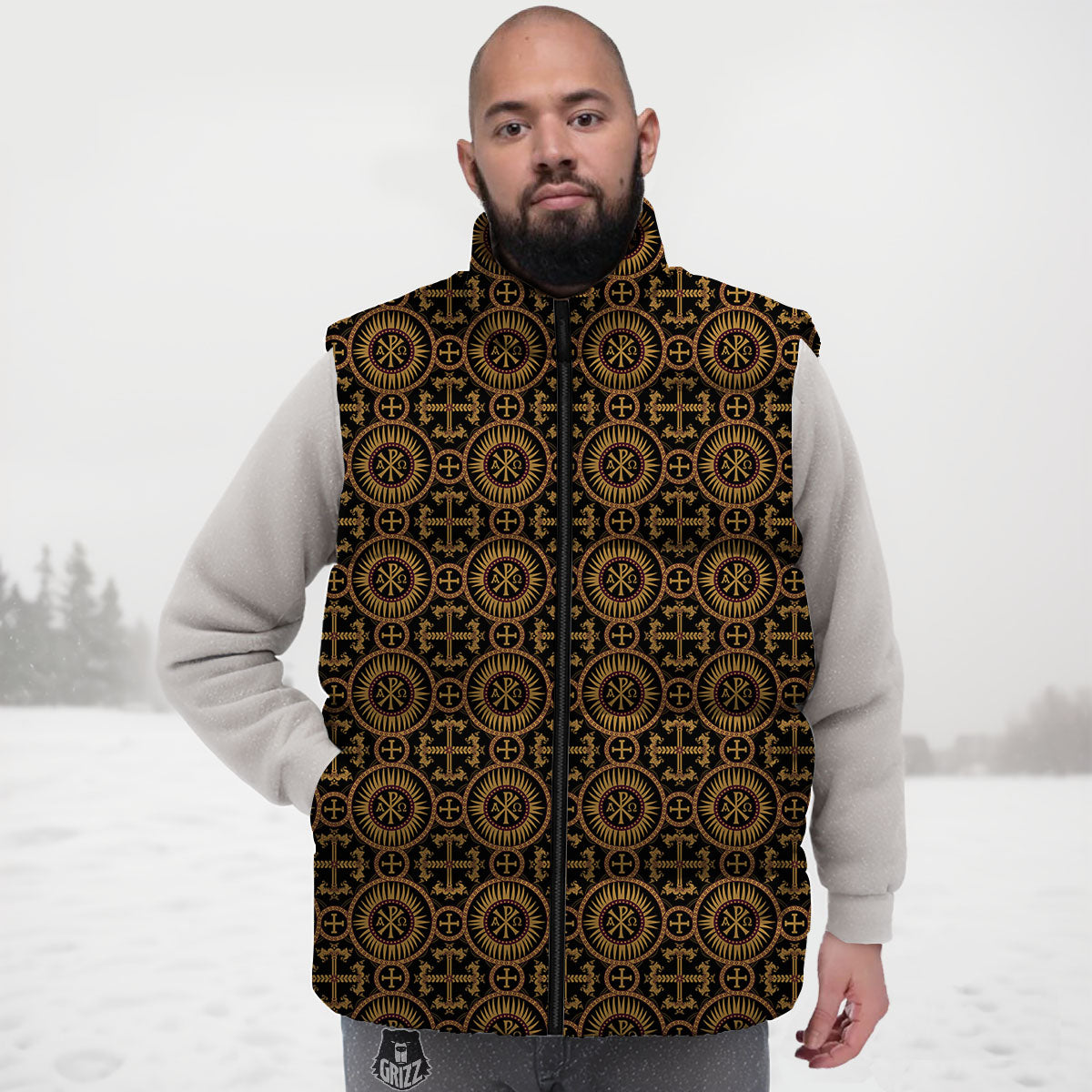 Orthodox Black And Gold Print Pattern Down Vest