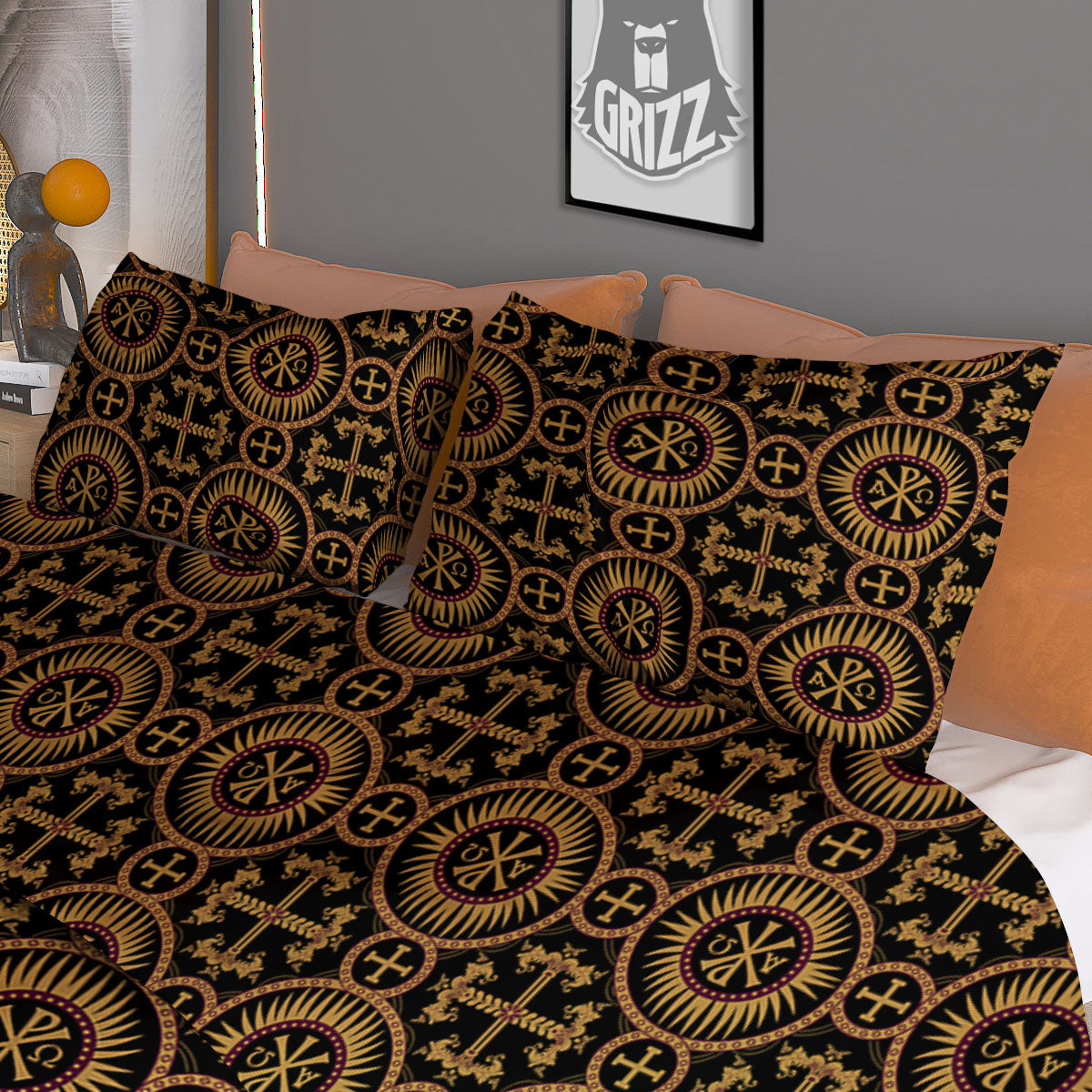 Orthodox Black And Gold Print Pattern Duvet Cover Bedding Set