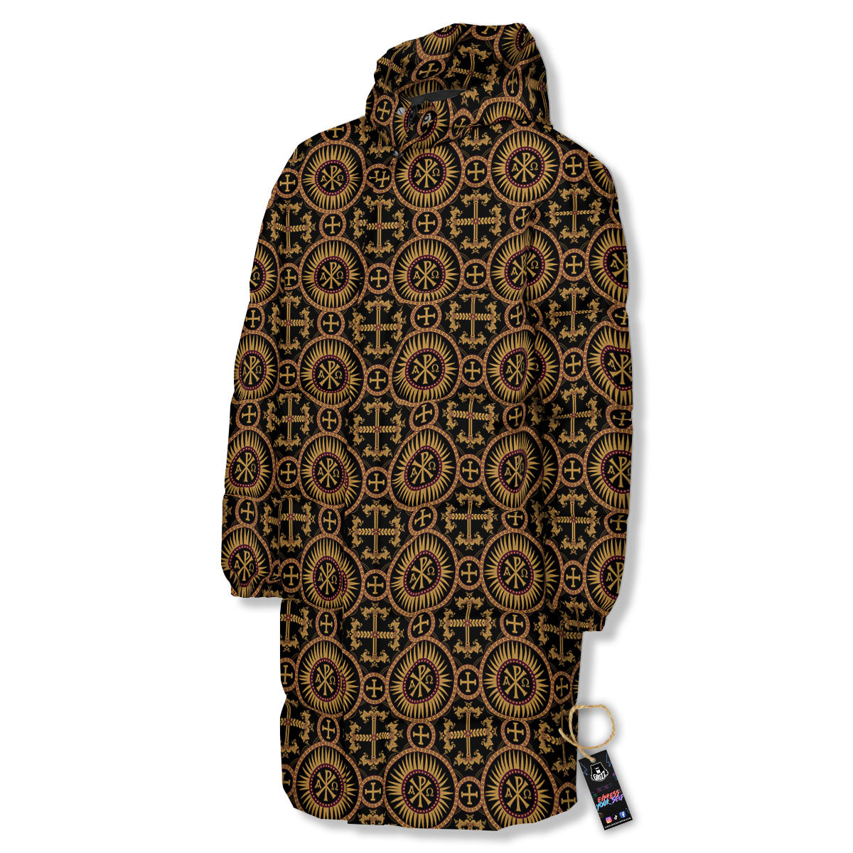 Orthodox Black And Gold Print Pattern Long Down Jacket-grizzshop