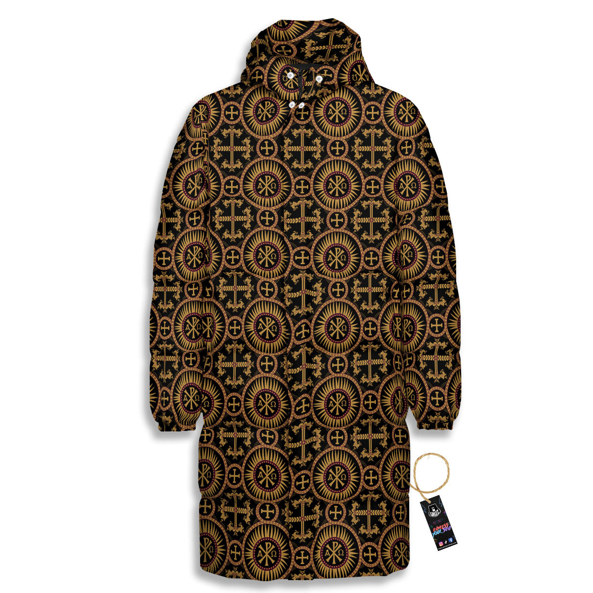 Orthodox Black And Gold Print Pattern Long Down Jacket-grizzshop
