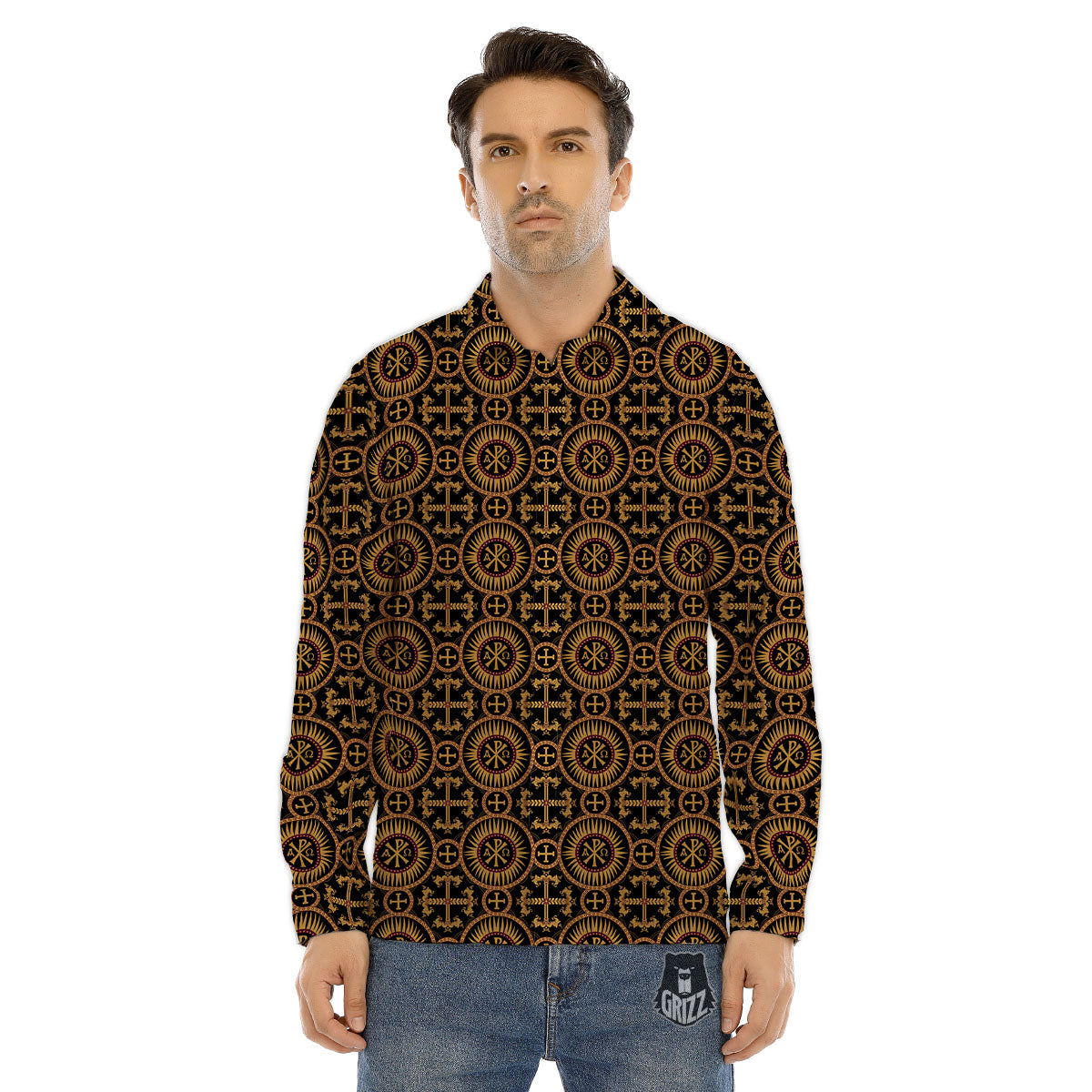 Orthodox Black And Gold Print Pattern Men's Dress Shirts-grizzshop