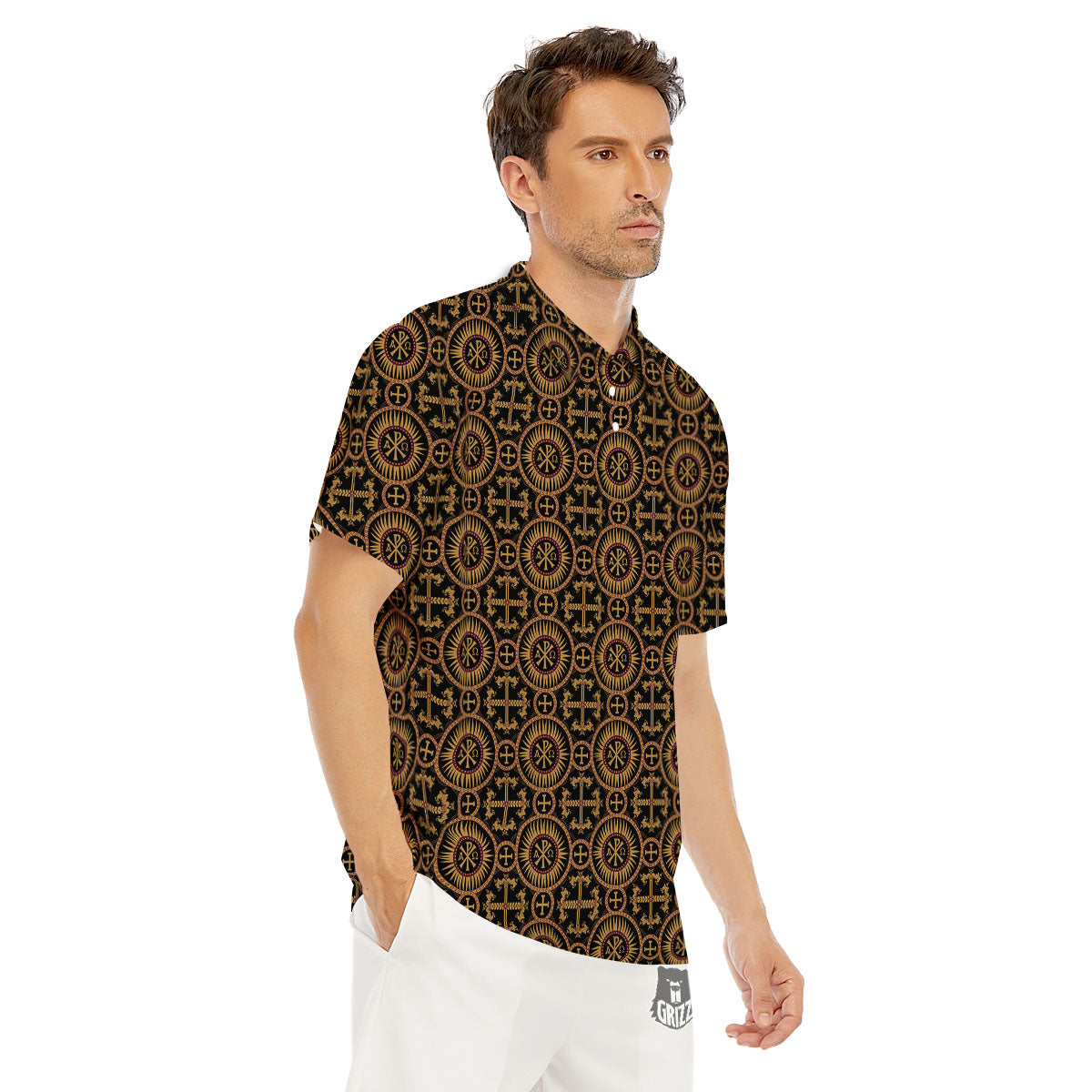 Orthodox Black And Gold Print Pattern Men's Golf Shirts-grizzshop
