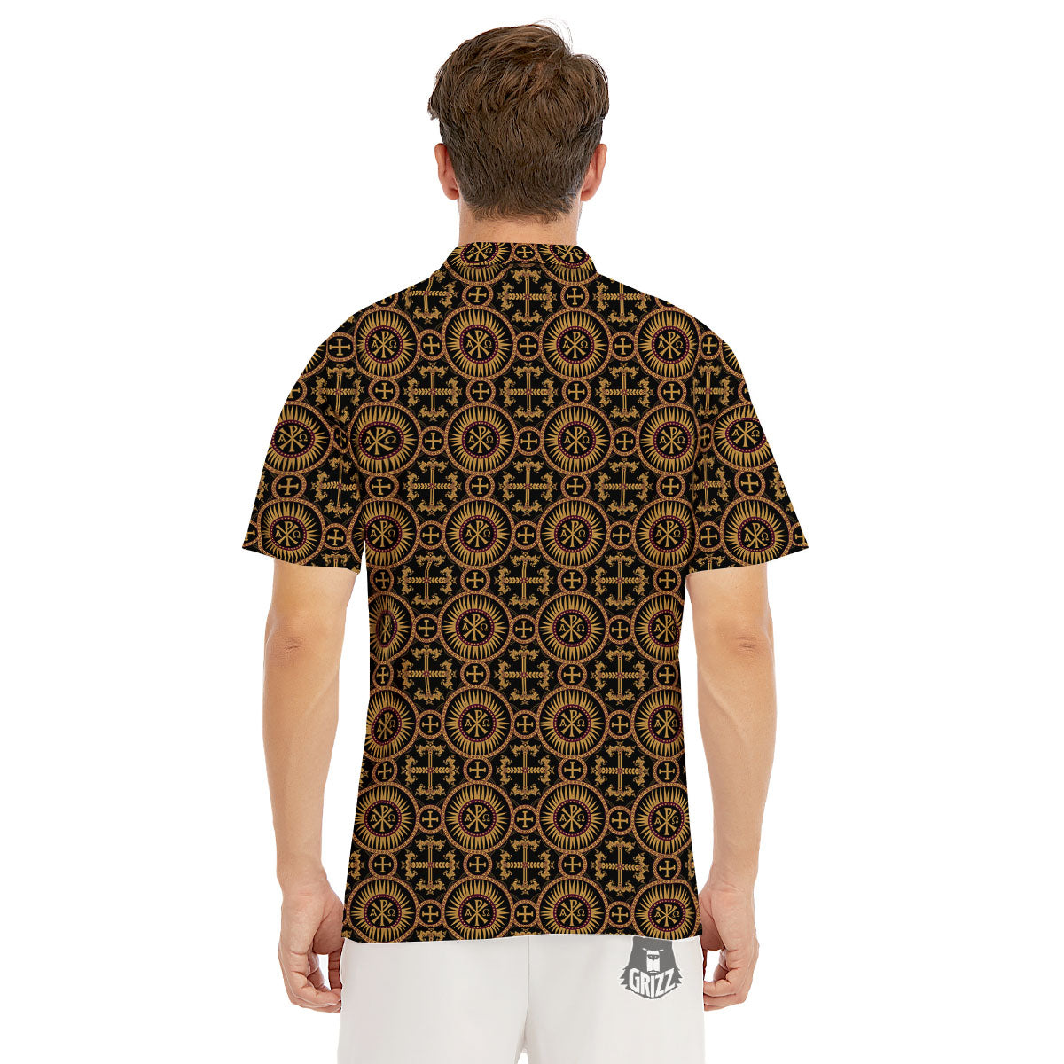 Orthodox Black And Gold Print Pattern Men's Golf Shirts-grizzshop