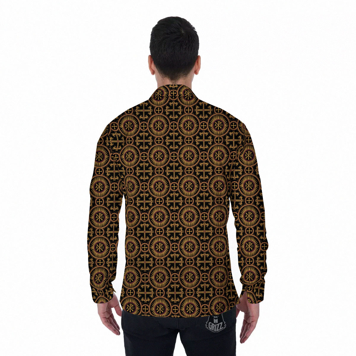 Orthodox Black And Gold Print Pattern Men's Long Sleeve Shirts-grizzshop