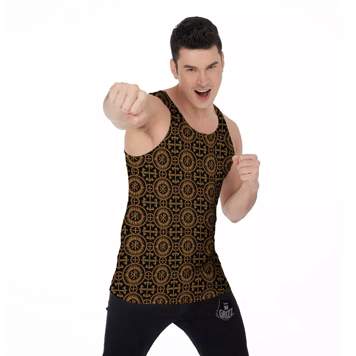 Orthodox Black And Gold Print Pattern Men's Tank Top-grizzshop