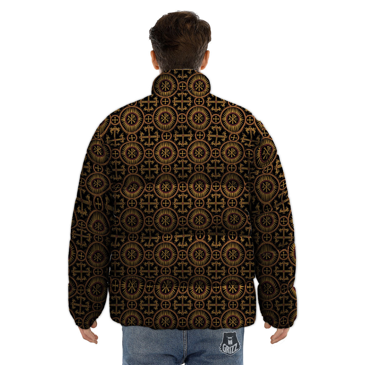 Orthodox Black And Gold Print Pattern Puffer Jacket-grizzshop